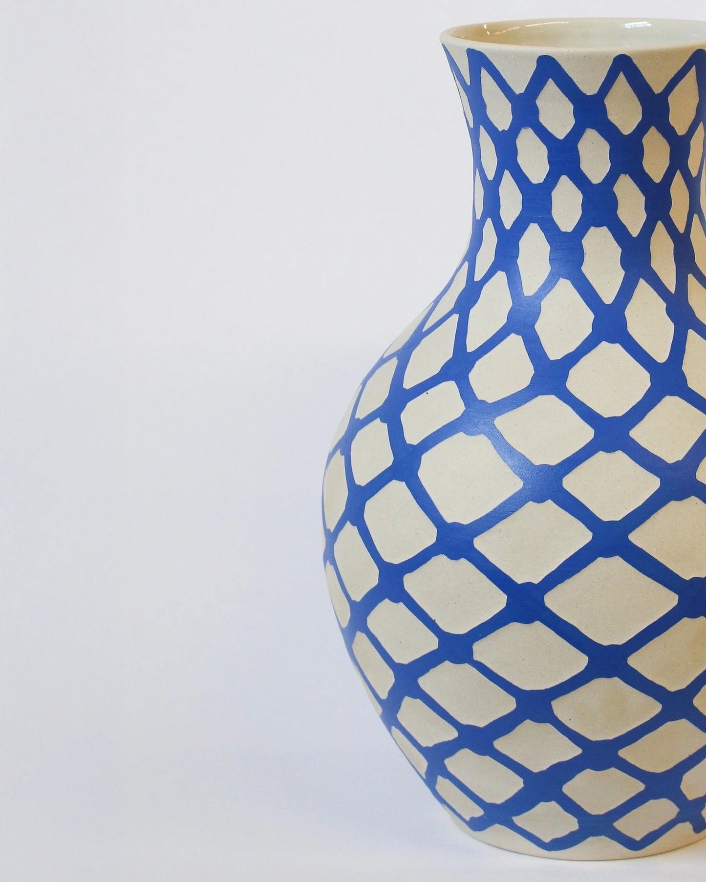 Handmade Ceramic Vase in Blue and White Lattice Pattern by Toronto Artist Michelle Organ