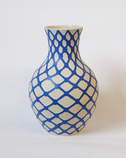 Handmade Ceramic Vase in Blue and White Lattice Pattern by Toronto Artist Michelle Organ
