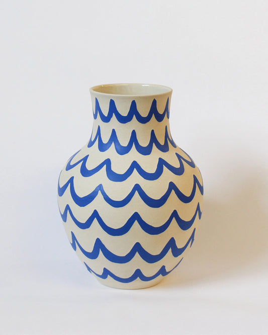Handmade Ceramic Vase in Blue and White Wavy Pattern by Toronto Artist Michelle Organ