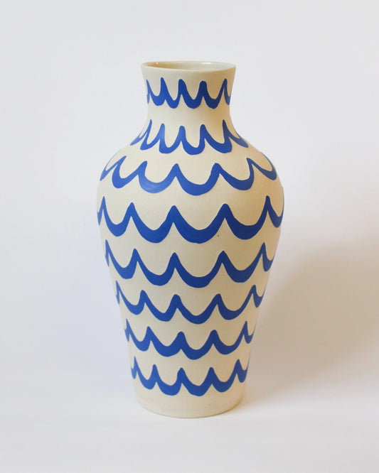 Handmade Ceramic Vase in Blue and White Wavy Pattern by Toronto Artist Michelle Organ
