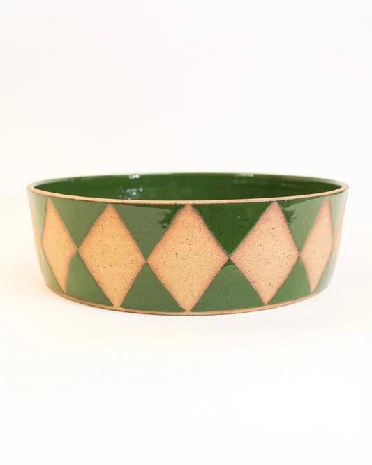 Handmade Ceramic Serving Dish with Green Harlequin Print from Mima Ceramics by Michelle Organ