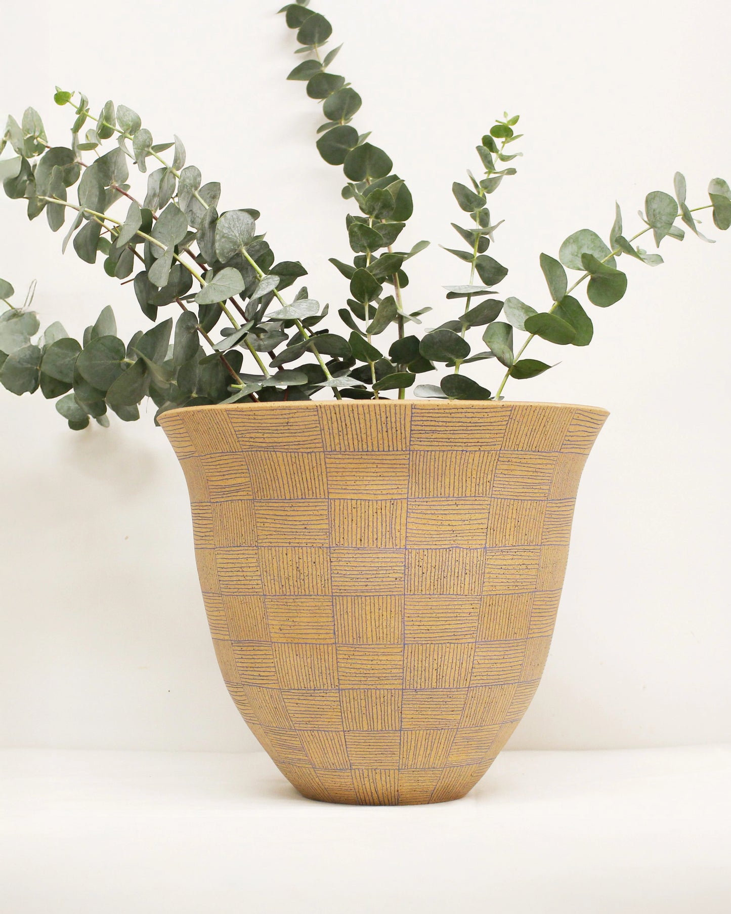 Handmade Ceramic Open Vessel with tan and blue engraved pattern from Mima Ceramics