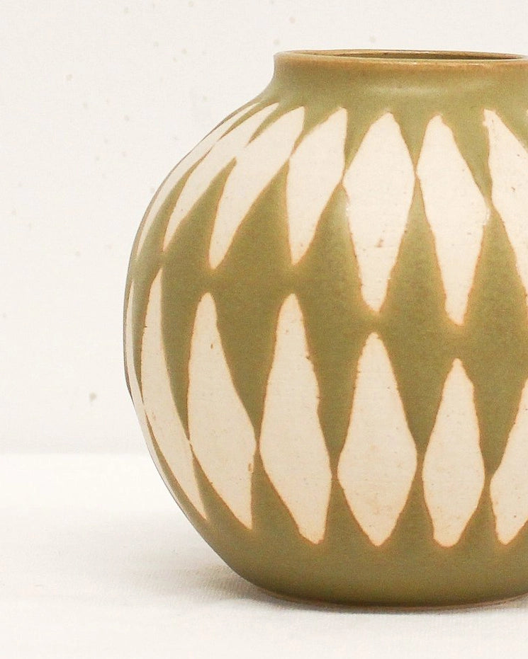 Handmade Ceramic Mini Moon Jar Vase in Green Harlequin Print from Mima Ceramics by Michelle Organ