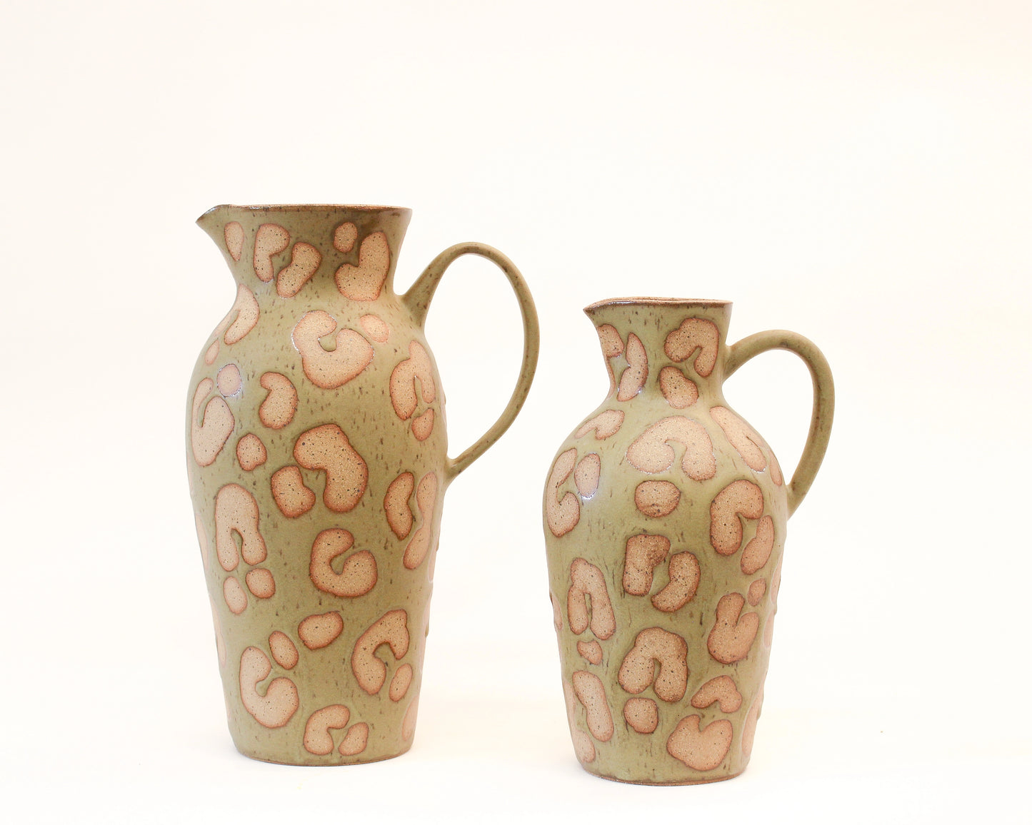 Wheel Thrown Stoneware Pitcher with an Olive Green Animal Print Pattern From Mima Ceramics by Michelle Organ.
