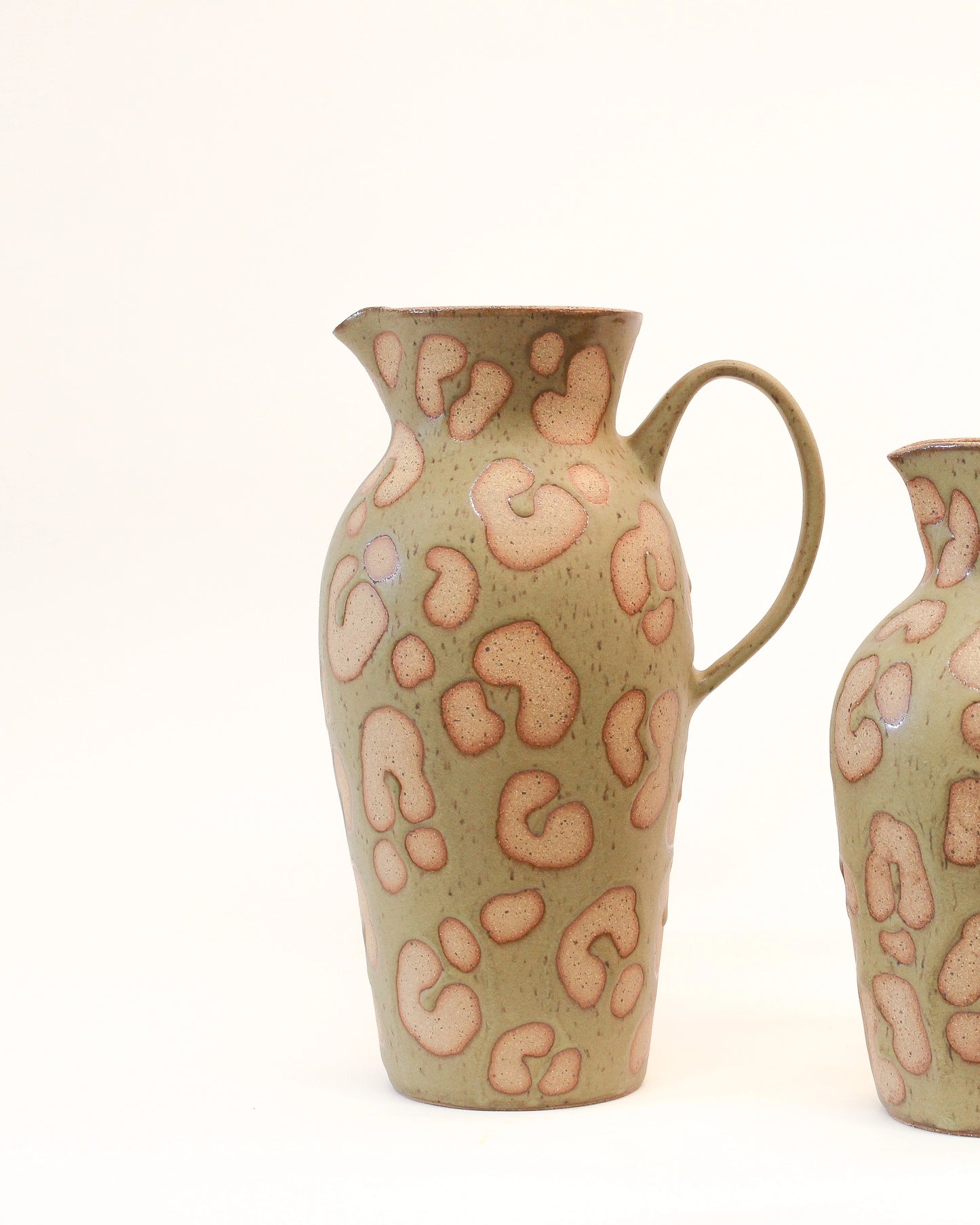 Handmade Ceramic Brown Pitcher with an Satin Olive Green Animal Print pattern from Mima Ceramics by Michelle Organ.