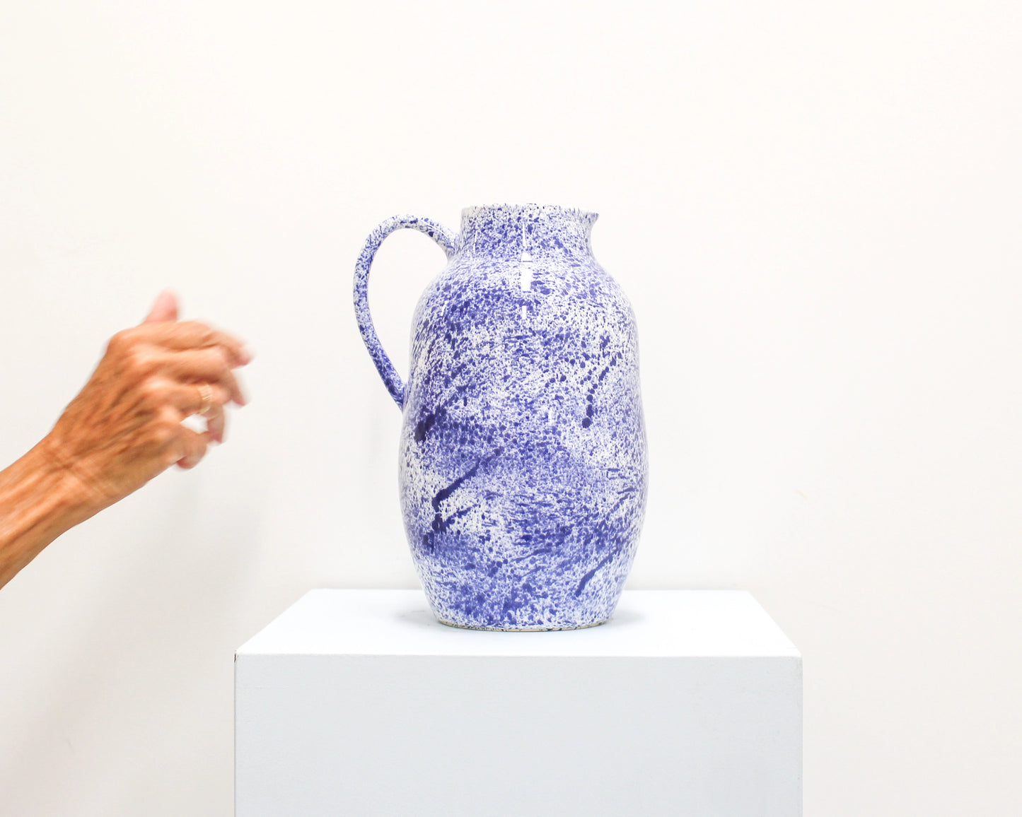 Handmade Ceramic wheel thrown Pitcher with blue and white speckled pattern from Mima Ceramics by Michelle Organ.
