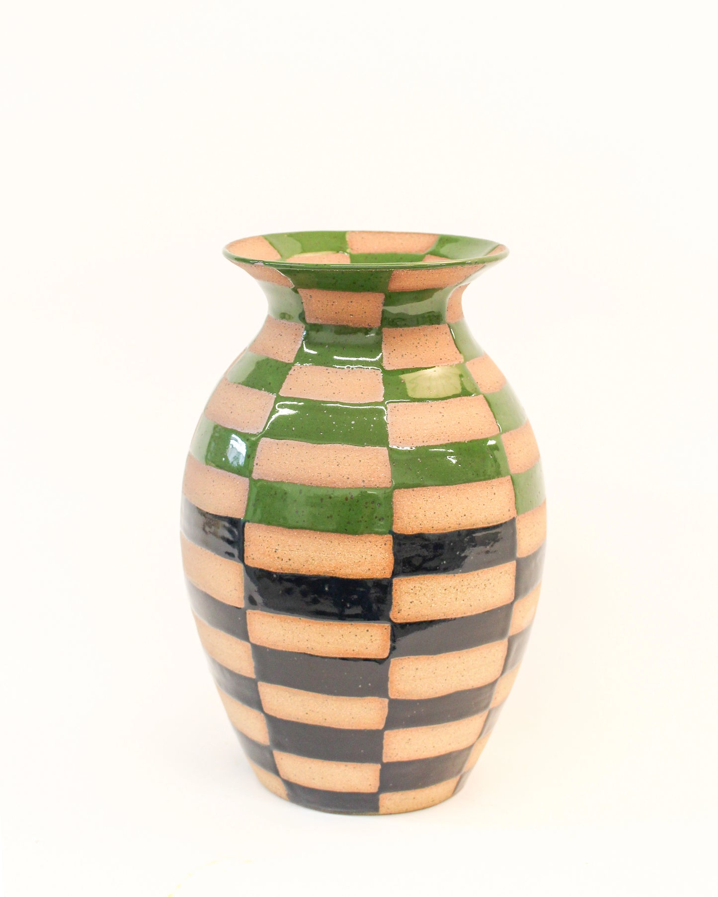 Handmade Ceramic vase with a blue and green checkered pattern on a white background from Mima Ceramics by Michelle Organ.