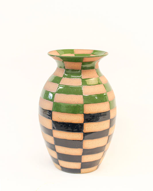 Handmade Ceramic vase with a blue and green checkered pattern on a white background from Mima Ceramics by Michelle Organ.