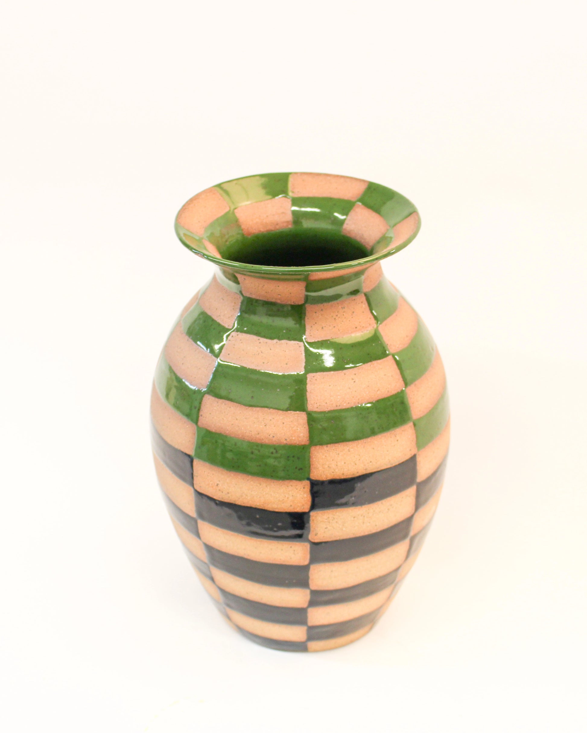 Handmade Ceramic vase with green and blue checkered pattern on a white background from Mima Ceramics by Michelle Organ.