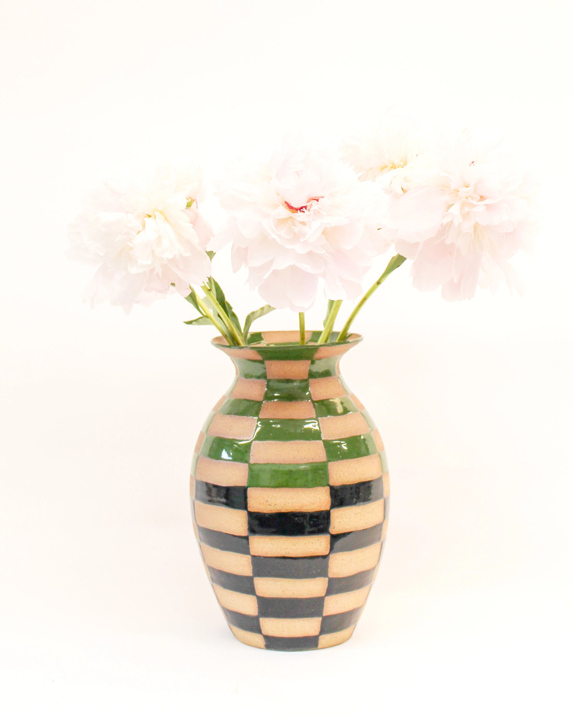 Handmade Blue and Green Checkered Ceramic vase with flowers on a white background from Mima Ceramics by Michelle Organ.  