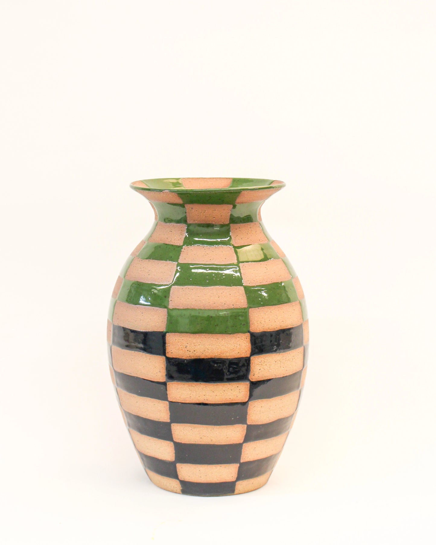 Handmade Wheel Thrown Blue and Green Ceramic Checkerboard patterned vase from Mima Ceramics by Michelle Organ.  