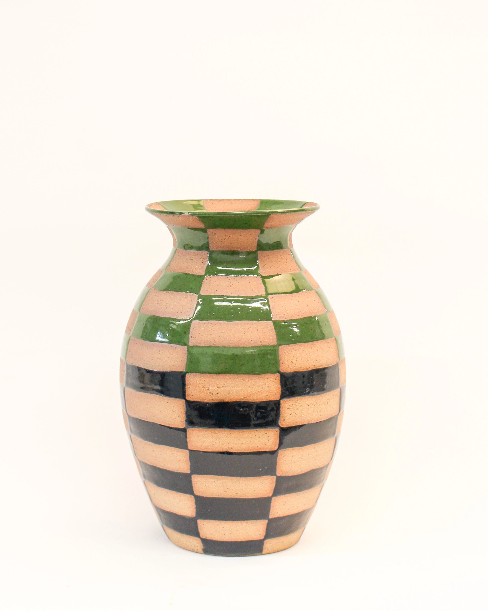 Handmade Wheel Thrown Blue and Green Ceramic Checkerboard patterned vase from Mima Ceramics by Michelle Organ.  