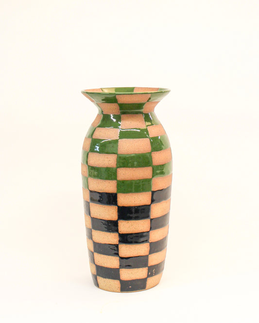 Handmade Green and Blue Tall Ceramic Checkerboard patterned vase on a white background from Mima Ceramics by Michelle Organ. 