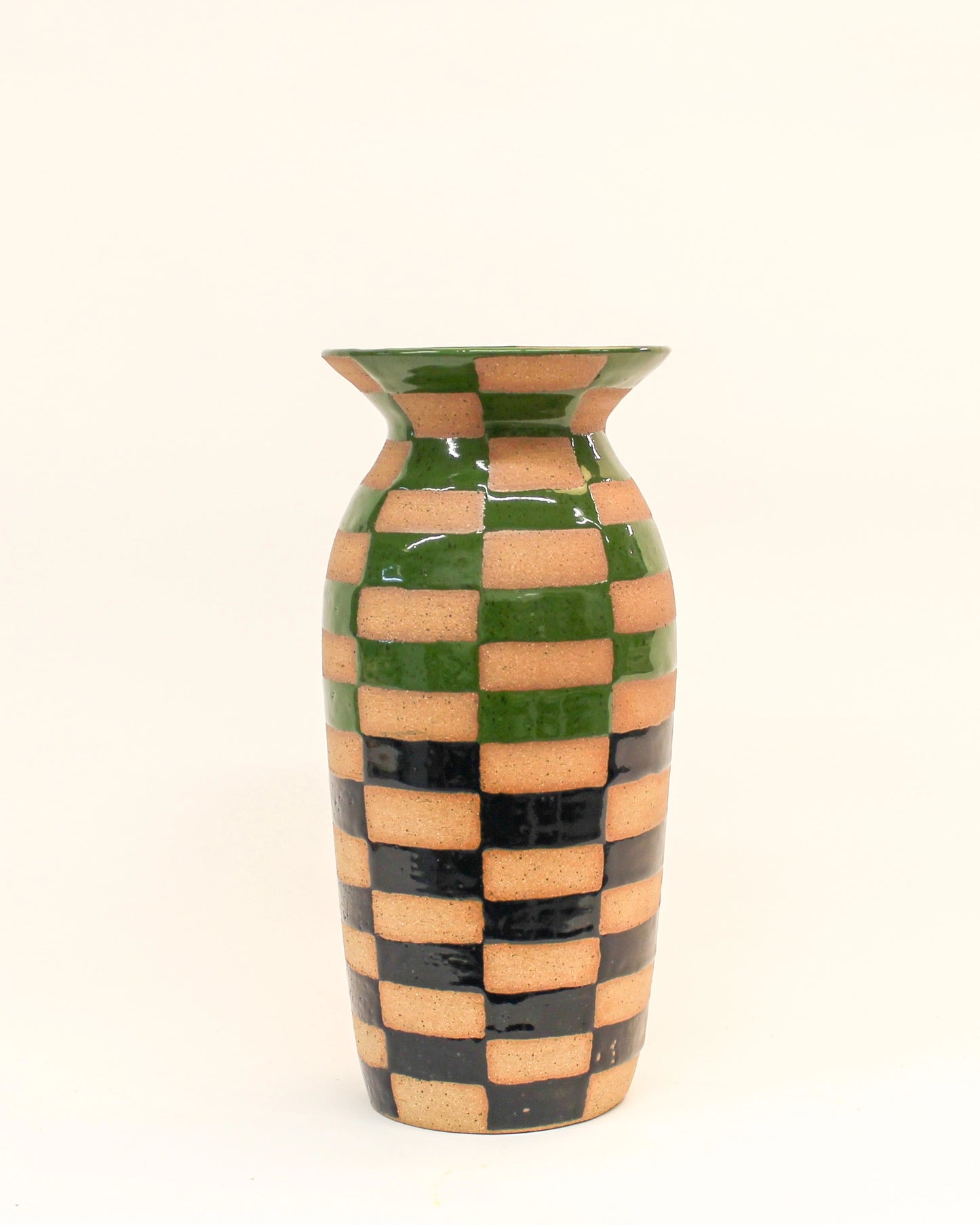 Handmade Blue and Green Ceramic Checkerboard patterned vase on a white background from Mima Ceramics by Michelle Organ.  