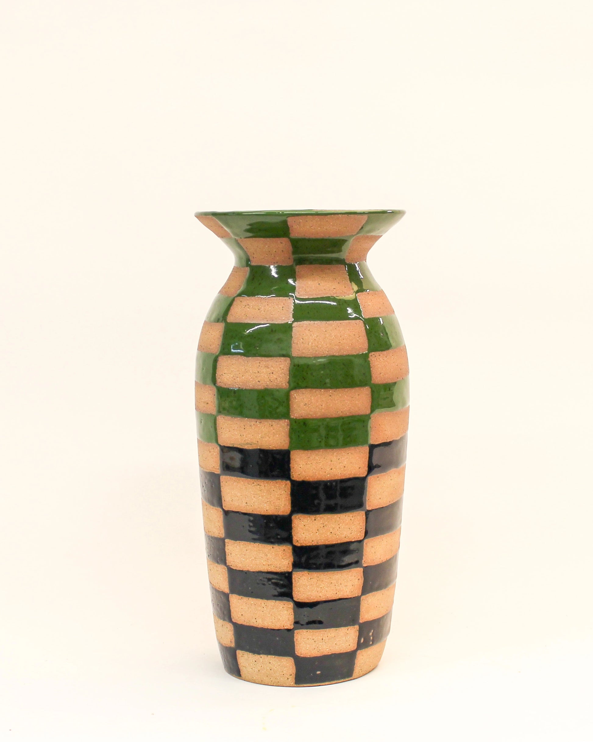 Handmade Blue and Green Ceramic Checkerboard patterned vase on a white background from Mima Ceramics by Michelle Organ.  