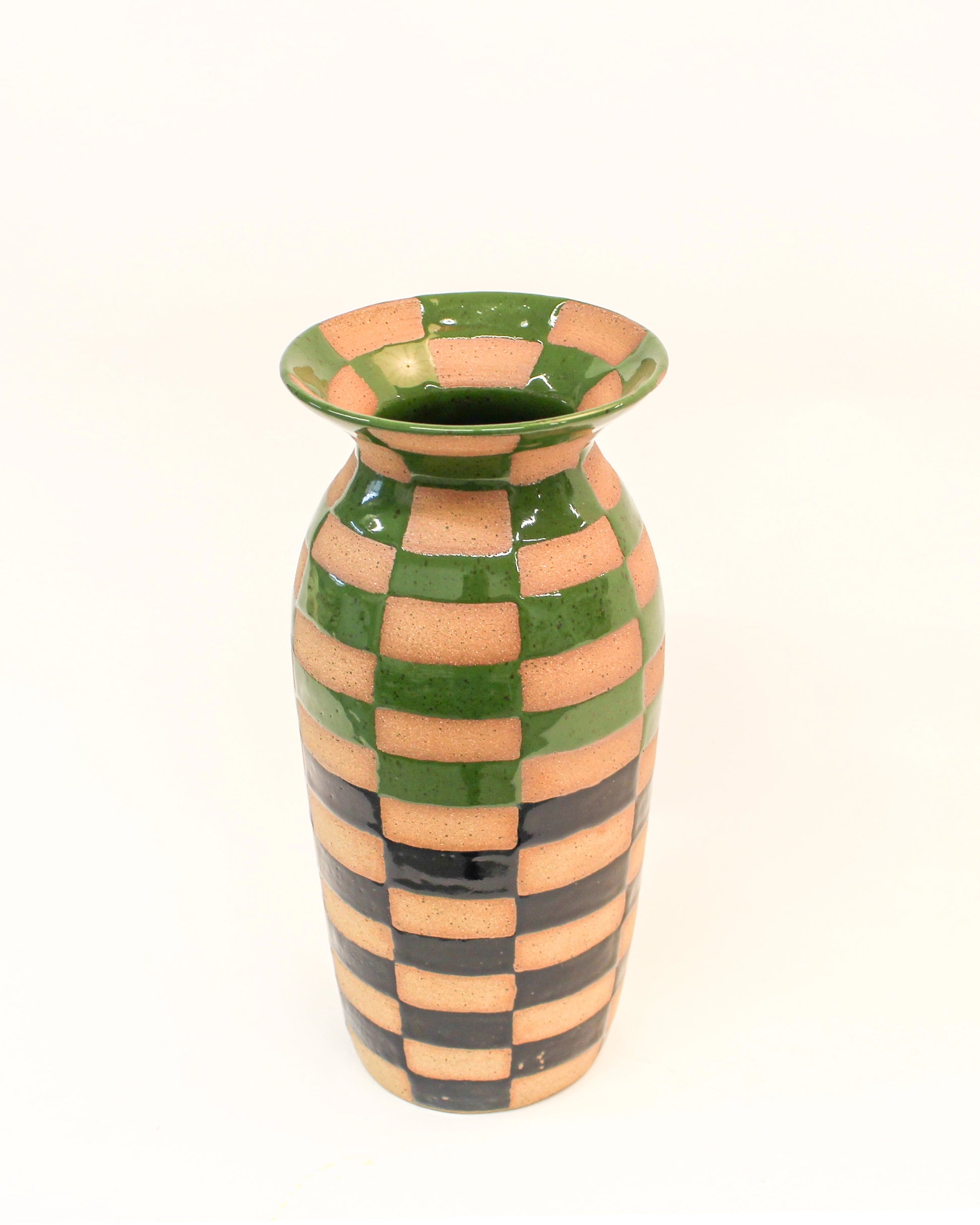Wheel Thrown Ceramic vase with green and blue checkered pattern on a white background from Mima Ceramics by Michelle Organ.  
