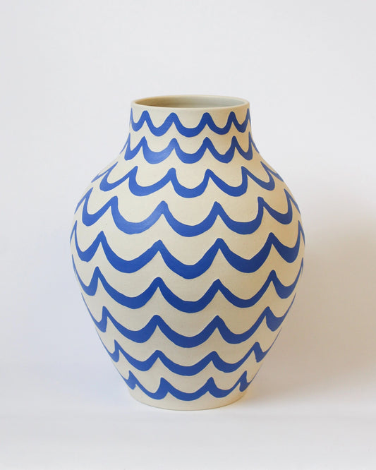 Handmade Ceramic Vase in Blue and White Wavy Pattern by Toronto Artist Michelle Organ