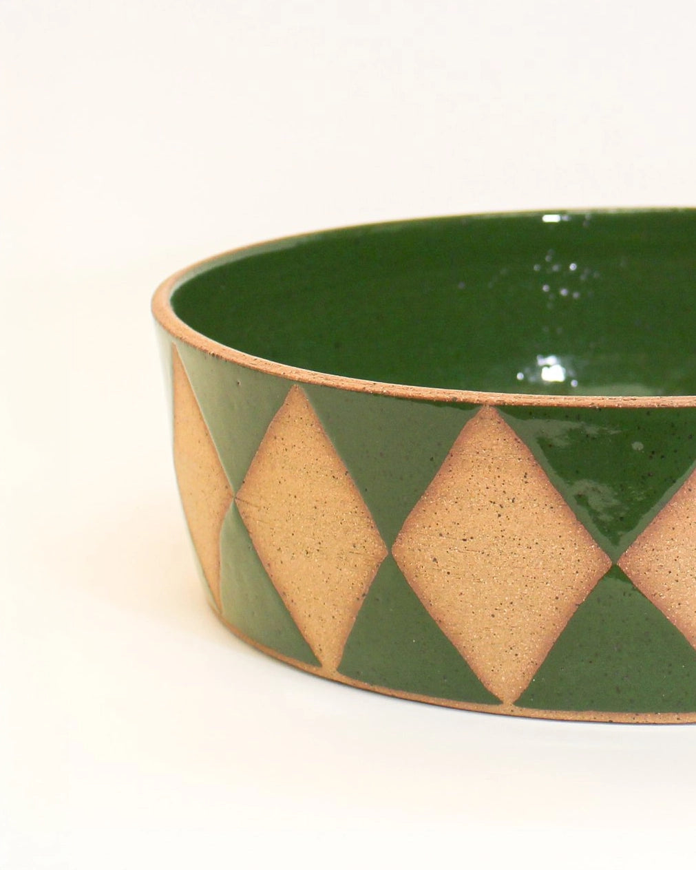 Handmade Ceramic Serving Dish with Green Harlequin Print from Mima Ceramics by Michelle Organ