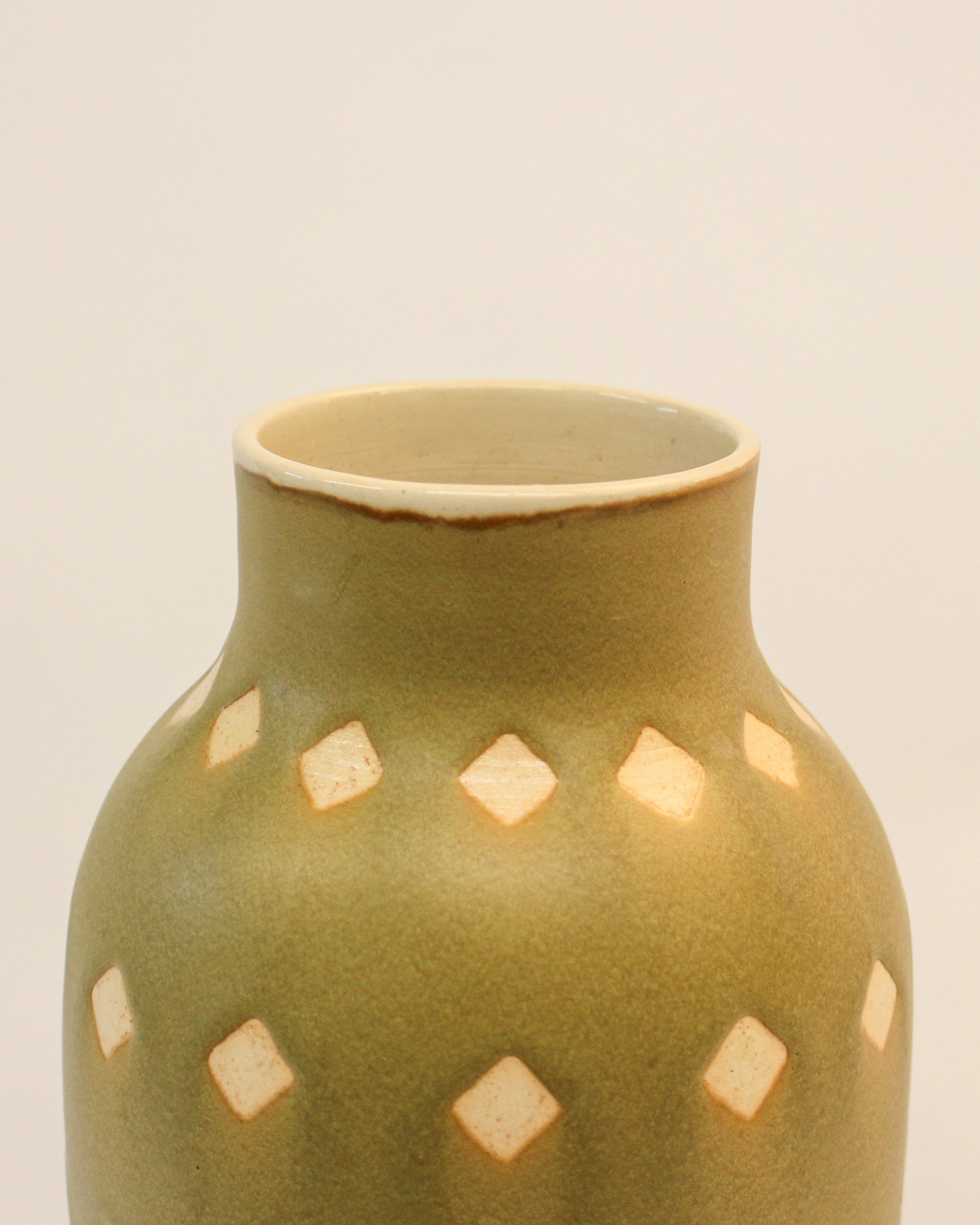 Handmade Olive Green Tall Vase with a diamond print on the surface from Mima Ceramics by Michelle Organ. 