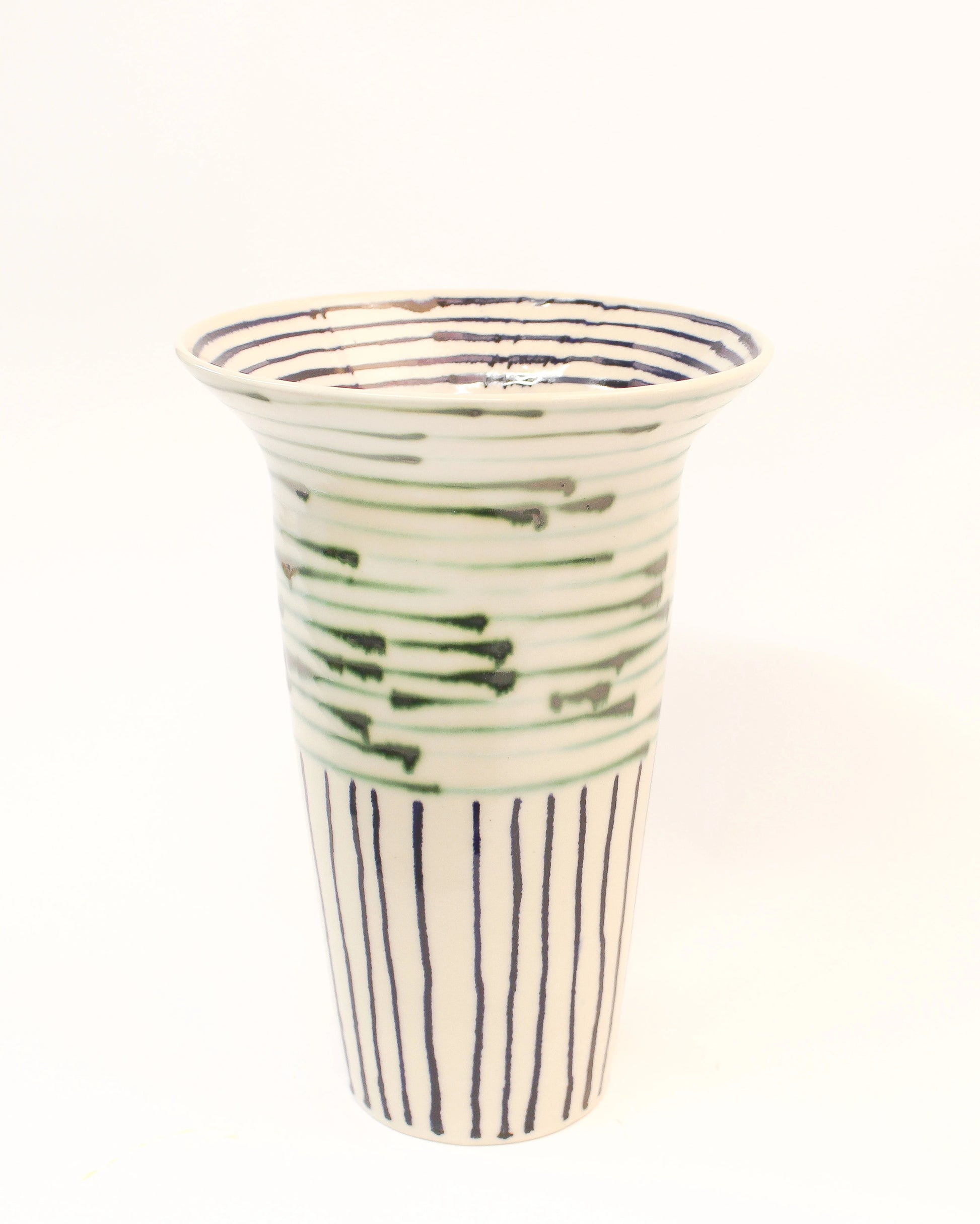 Handmade Ceramic Vase with Blue and Copper Green Stripes from Mima Ceramics by Michelle Organ. 