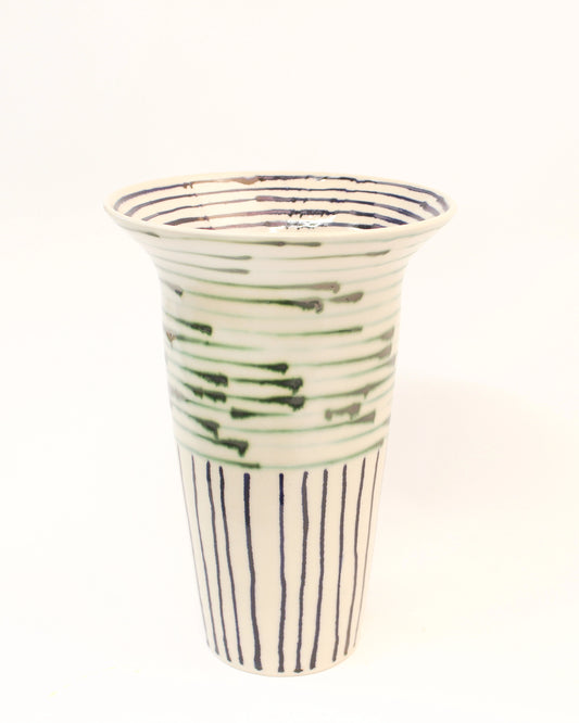 Handmade Ceramic Vase with Blue and Copper Green Stripes from Mima Ceramics by Michelle Organ. 