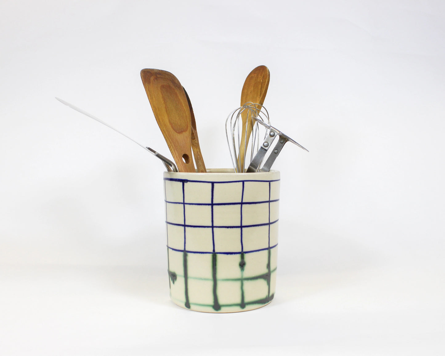 Utensil Crock: Natural Blue and Green Grid