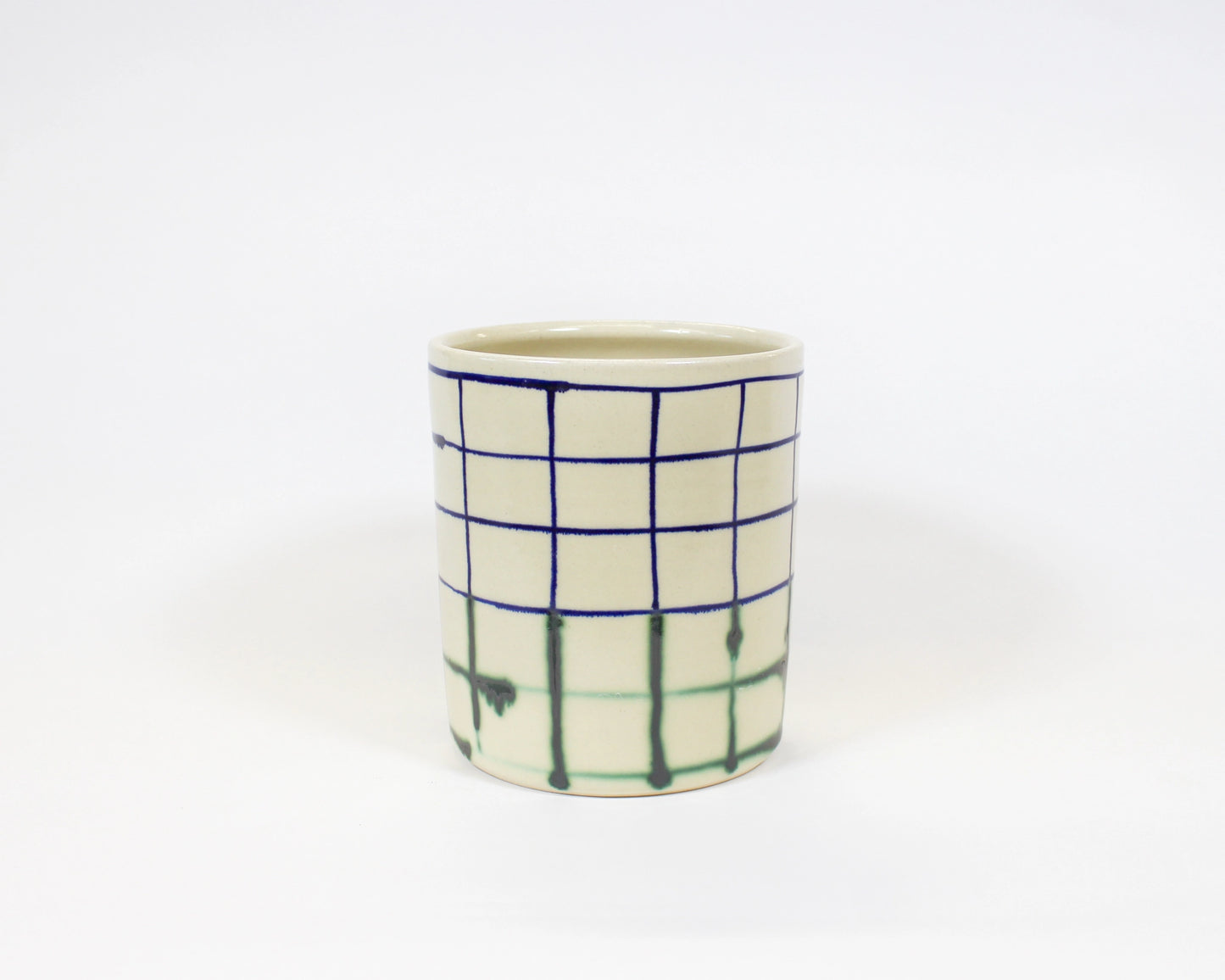 Utensil Crock: Natural Blue and Green Grid
