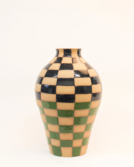Handmade Blue and Green Checkerboard Ceramic patterned vase on a white background from Mima Ceramics by Michelle Organ.