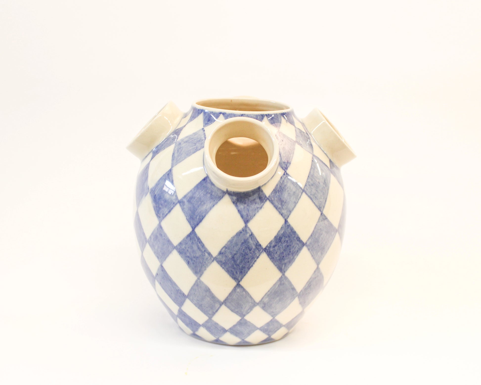 Wheel Thrown Ceramic vase with blue and white checkered pattern on a white background from Mima Ceramics by Michelle Organ.