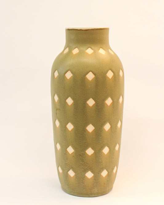 Handmade Olive Green Tall Vase with a diamond print on the surface from Mima Ceramics by Michelle Organ. 