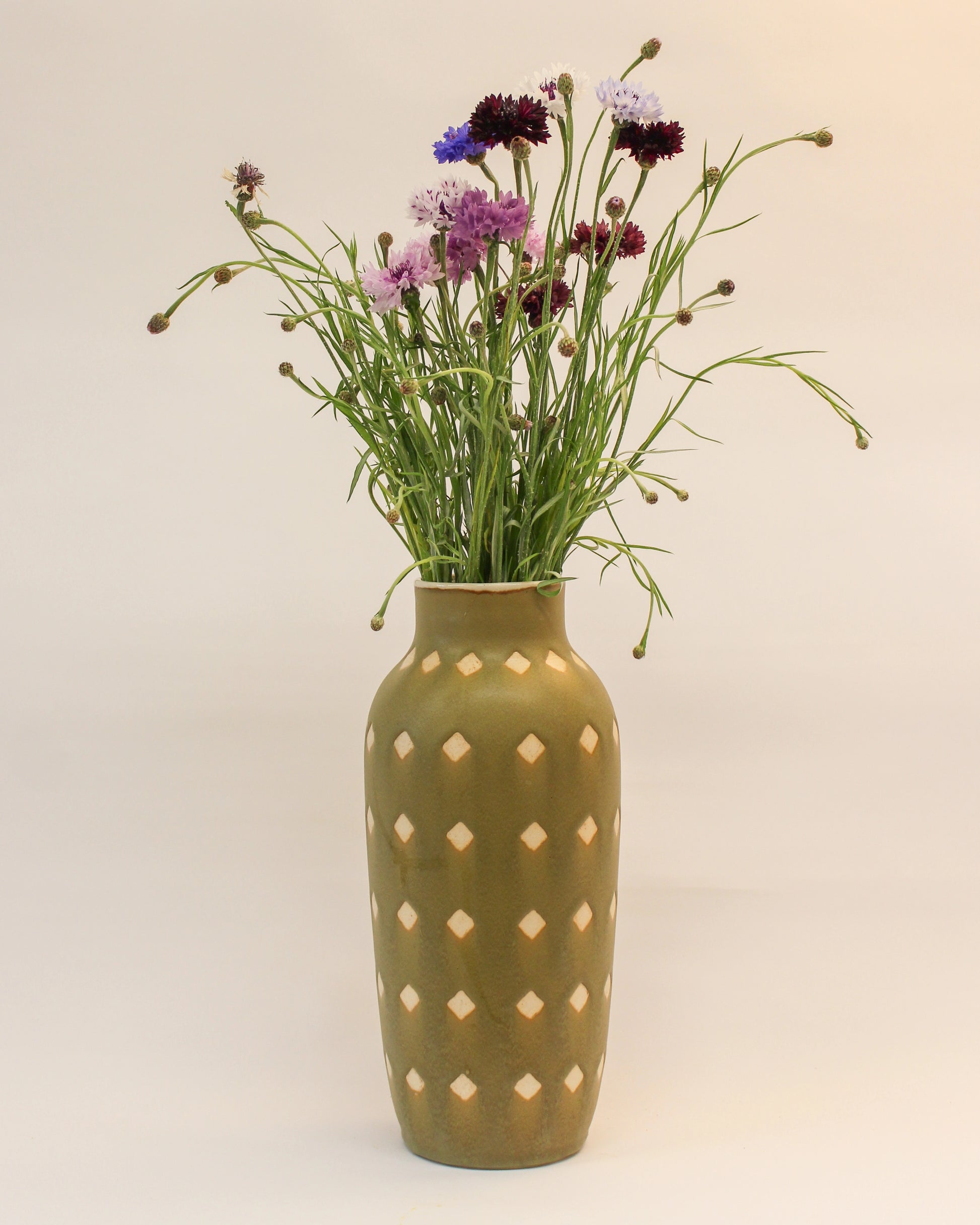 Handmade Olive Green Tall Vase with a diamond print on the surface from Mima Ceramics by Michelle Organ. 