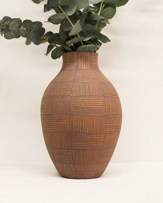 Handmade Ceramic Large Vase in Red and Blue Engraved Pattern from Mima Ceramics by Michelle Organ