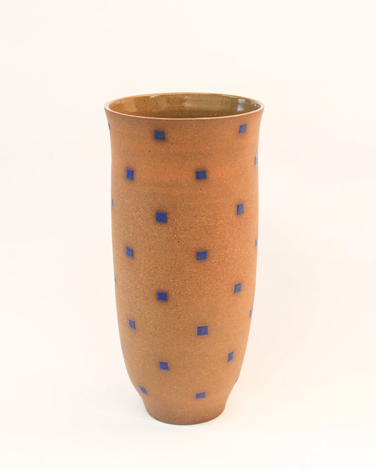 Handmade Brown Red Tall Ceramic vase with blue square pattern on a white background from Mima Ceramics by Michelle Organ.