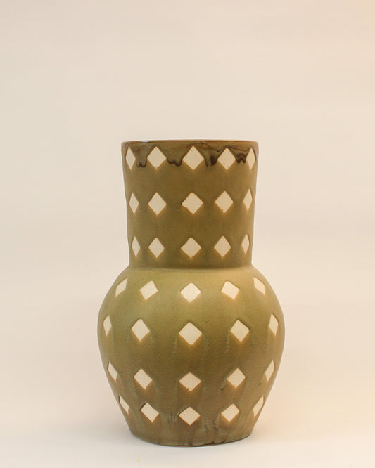 Handmade Olive Green ceramic vase with diamond pattern on a beige background from Mima Ceramic by Michelle Organ.