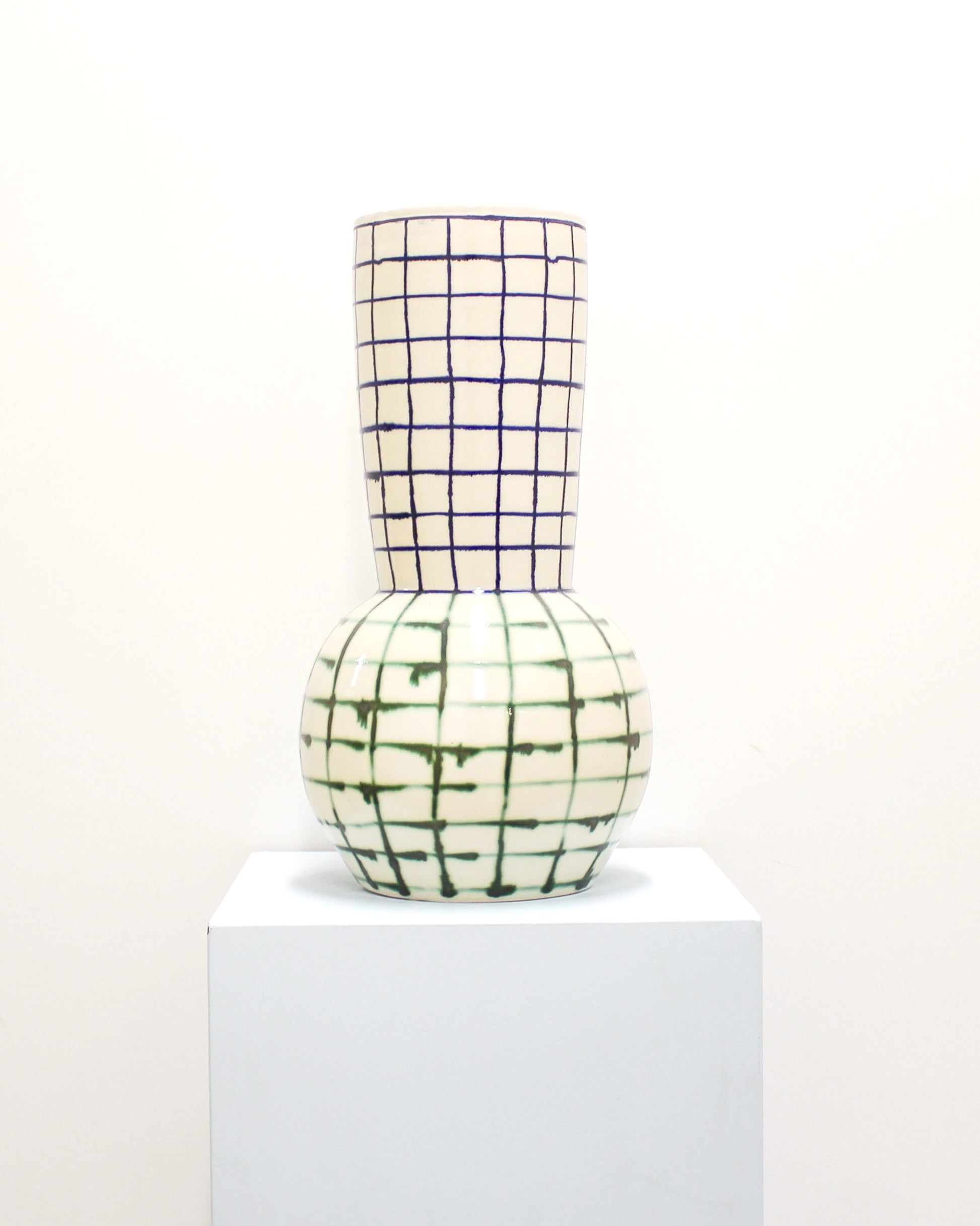 Handmade Large Cobalt and Green Copper Grid Vase from Mima Ceramics by Michelle Organ. 