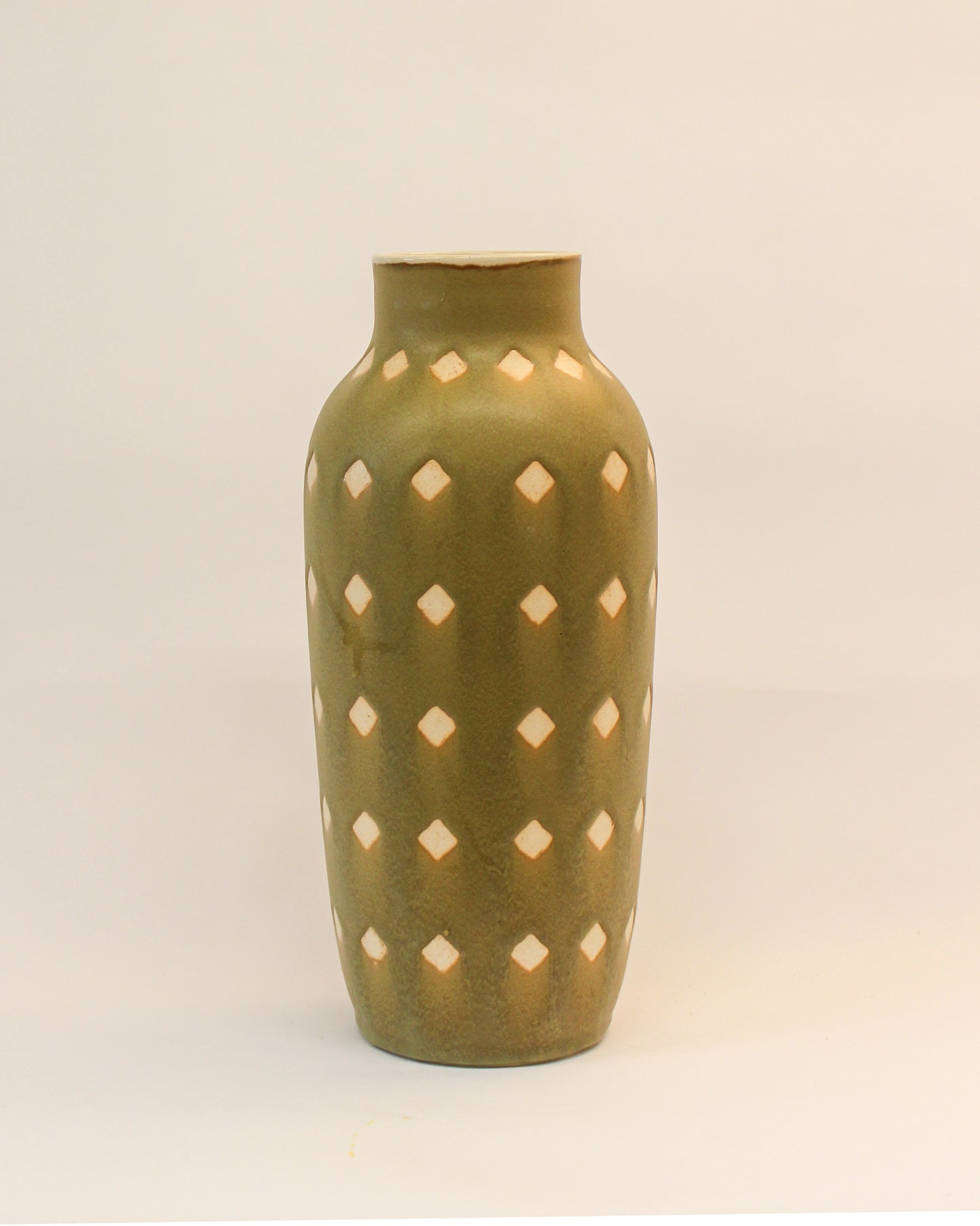 Handmade Olive Green Tall Vase with a diamond print on the surface from Mima Ceramics by Michelle Organ. 