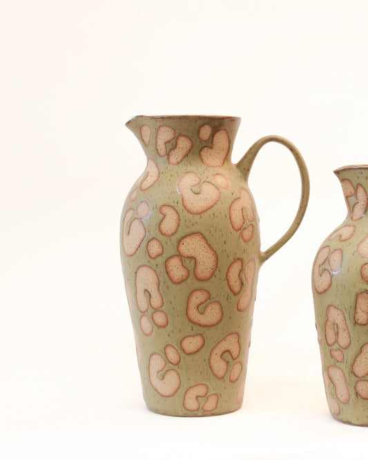 Handmade Ceramic Brown Pitcher with an Satin Olive Green Animal Print pattern from Mima Ceramics by Michelle Organ.